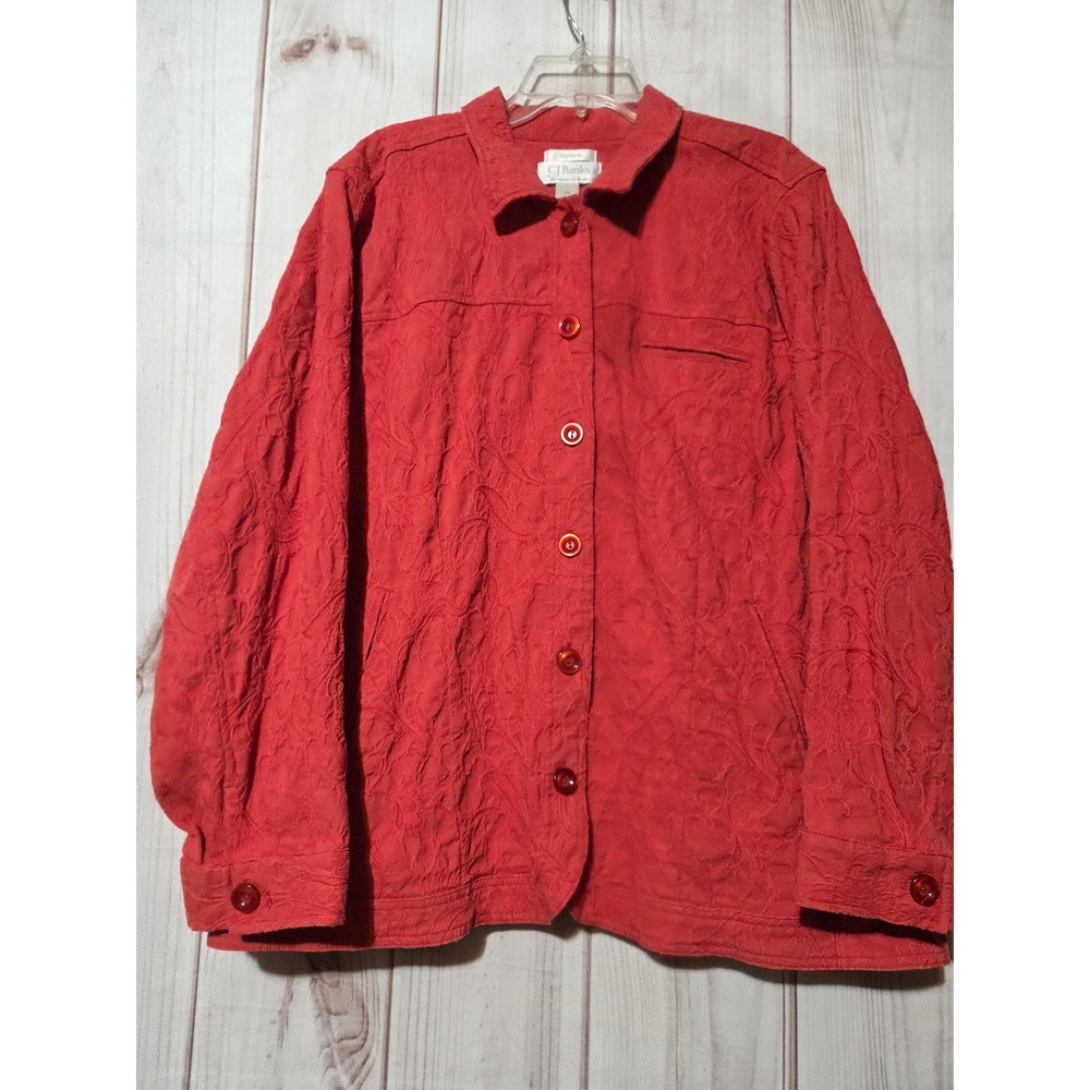 CJ Banks Red Paisley Textured Button Front Jacket Stretch Womens 2X Spring - Picture 1 of 7